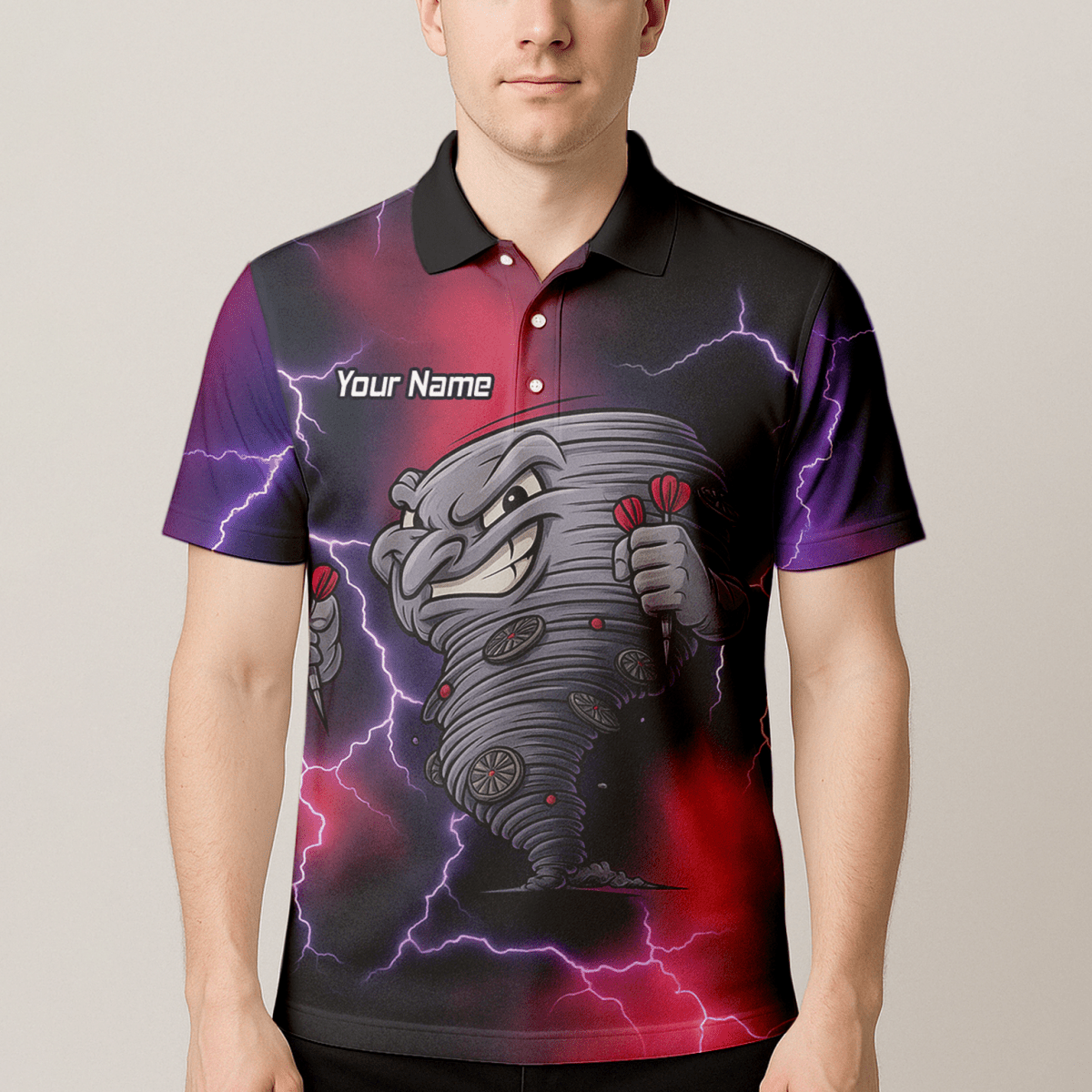 Personalisiertes Herren Darts Polo - Shirt – Tornado Blitz Design Schwarz Rot Lila M1397 - Outfitsuche