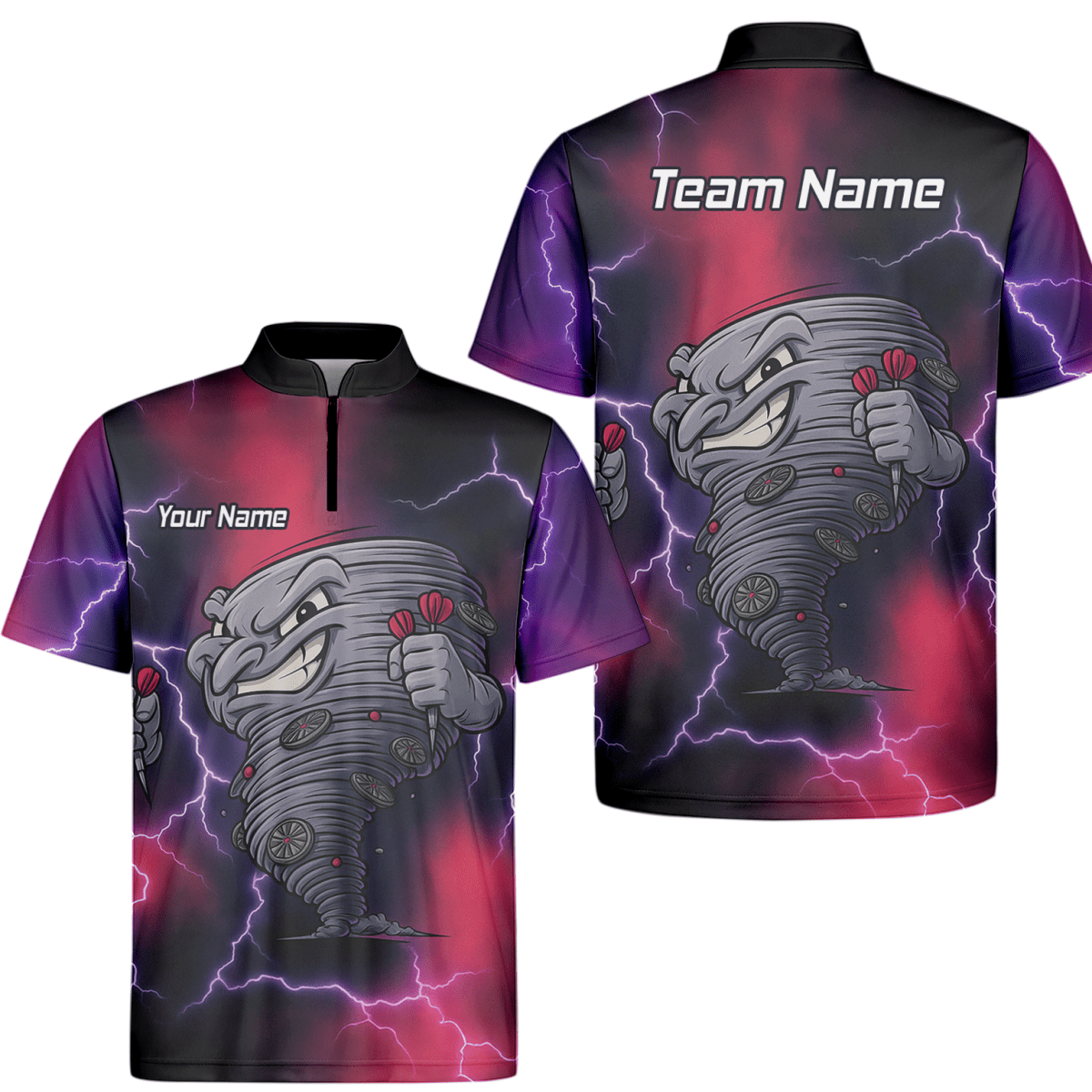 Personalisiertes Herren Darts Polo - Shirt – Tornado Blitz Design Schwarz Rot Lila M1397 - Outfitsuche