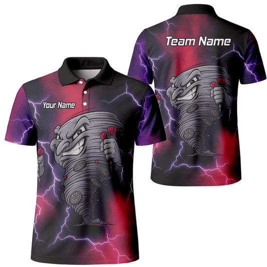 Personalisiertes Herren Darts Polo - Shirt – Tornado Blitz Design Schwarz Rot Lila M1397 - Outfitsuche