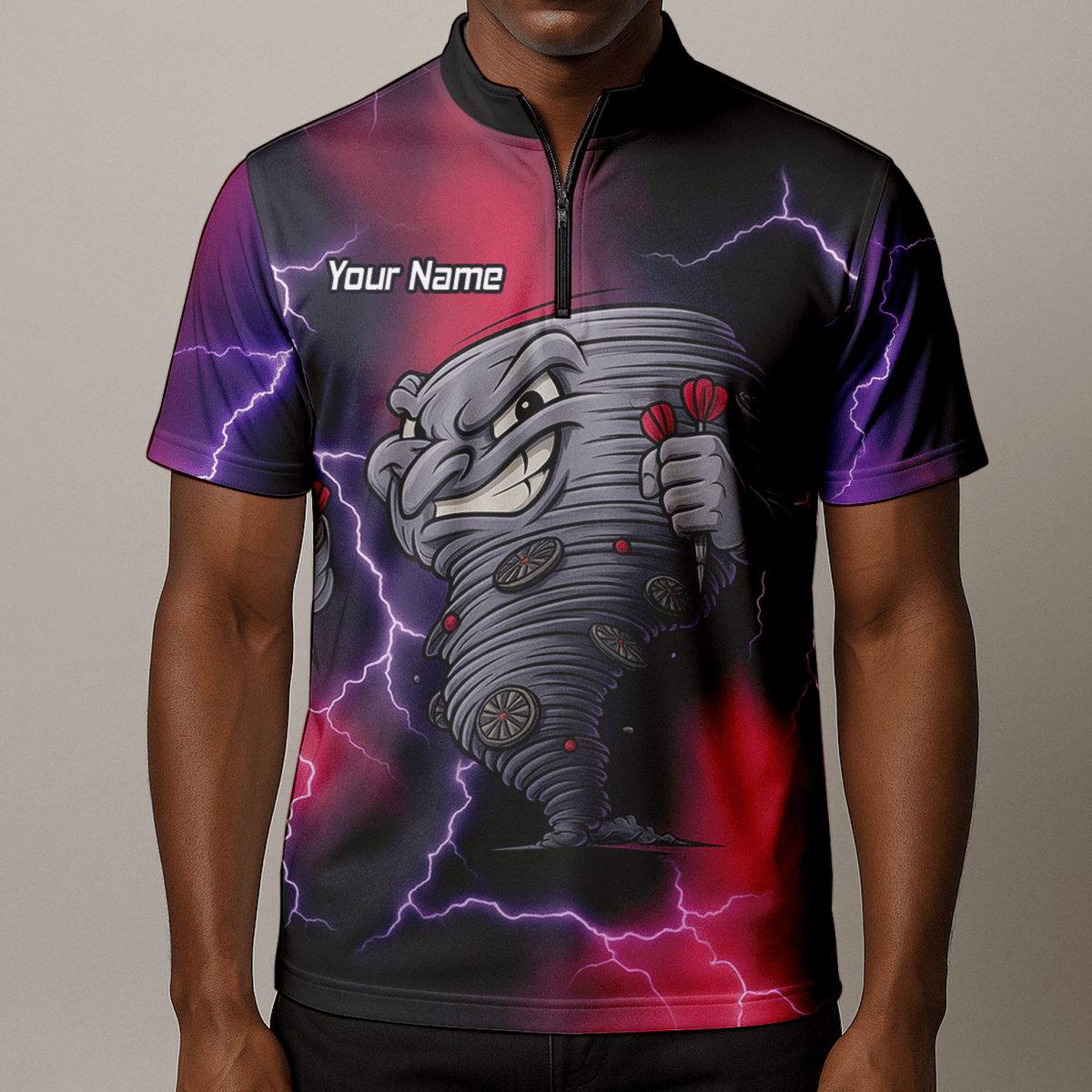Personalisiertes Herren Darts Polo - Shirt – Tornado Blitz Design Schwarz Rot Lila M1397 - Outfitsuche