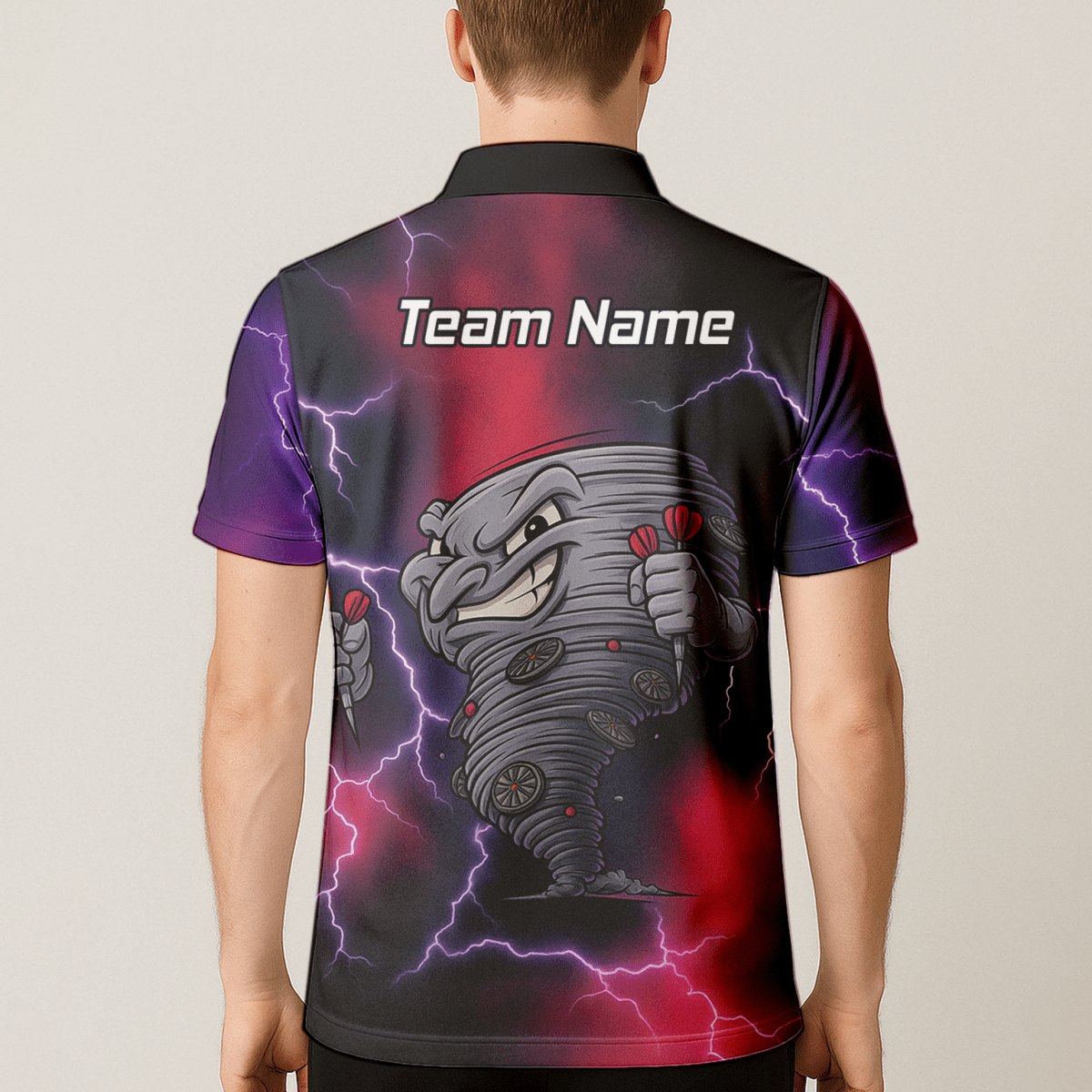 Personalisiertes Herren Darts Polo - Shirt – Tornado Blitz Design Schwarz Rot Lila M1397 - Outfitsuche