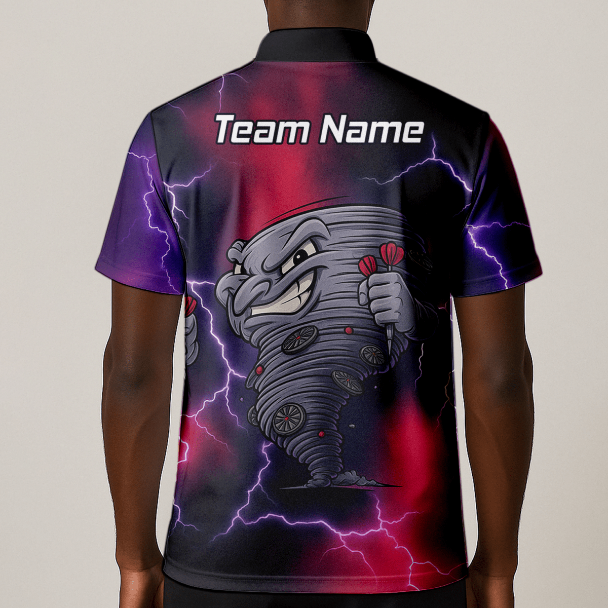 Personalisiertes Herren Darts Polo - Shirt – Tornado Blitz Design Schwarz Rot Lila M1397 - Outfitsuche