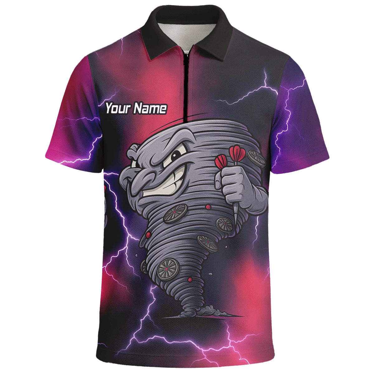 Personalisiertes Herren Darts Polo - Shirt – Tornado Blitz Design Schwarz Rot Lila M1397 - Outfitsuche