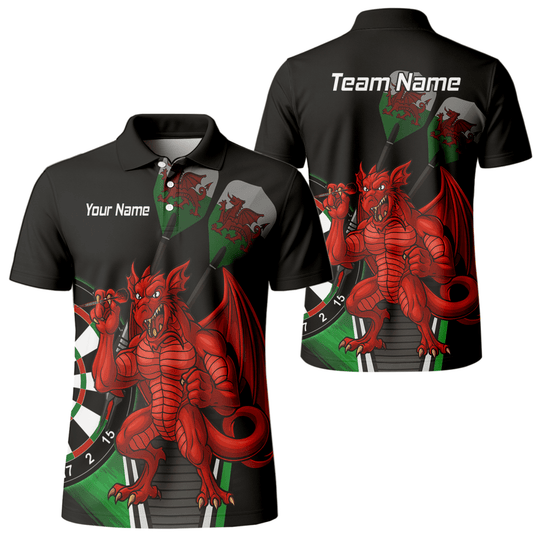 Personalisiertes Herren Darts Polo - Shirt | Walisischer Roter Drache Design | Schwarz Grün N6377 - Outfitsuche
