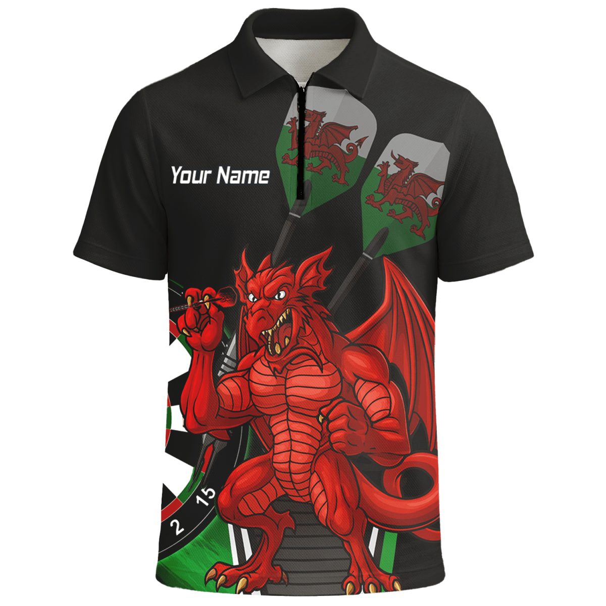 Personalisiertes Herren Darts Polo - Shirt | Walisischer Roter Drache Design | Schwarz Grün N6377 - Outfitsuche