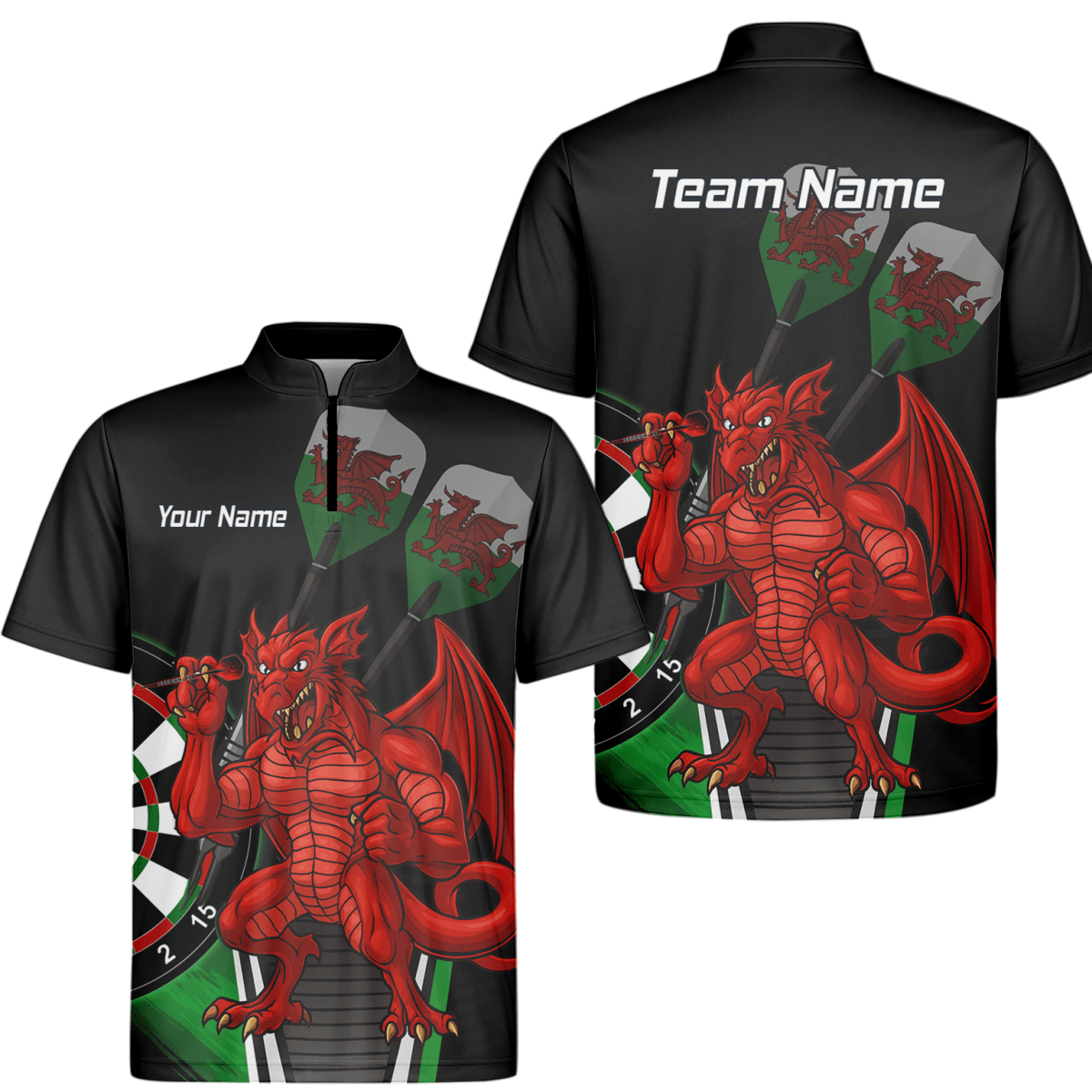 Personalisiertes Herren Darts Polo - Shirt | Walisischer Roter Drache Design | Schwarz Grün N6377 - Outfitsuche