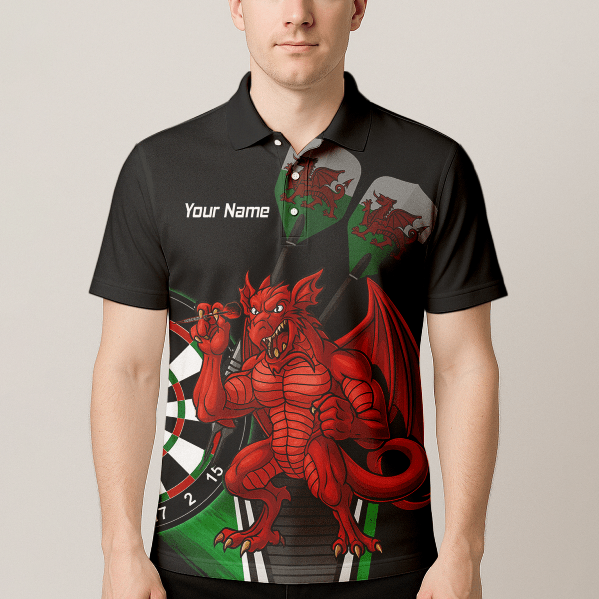 Personalisiertes Herren Darts Polo - Shirt | Walisischer Roter Drache Design | Schwarz Grün N6377 - Outfitsuche