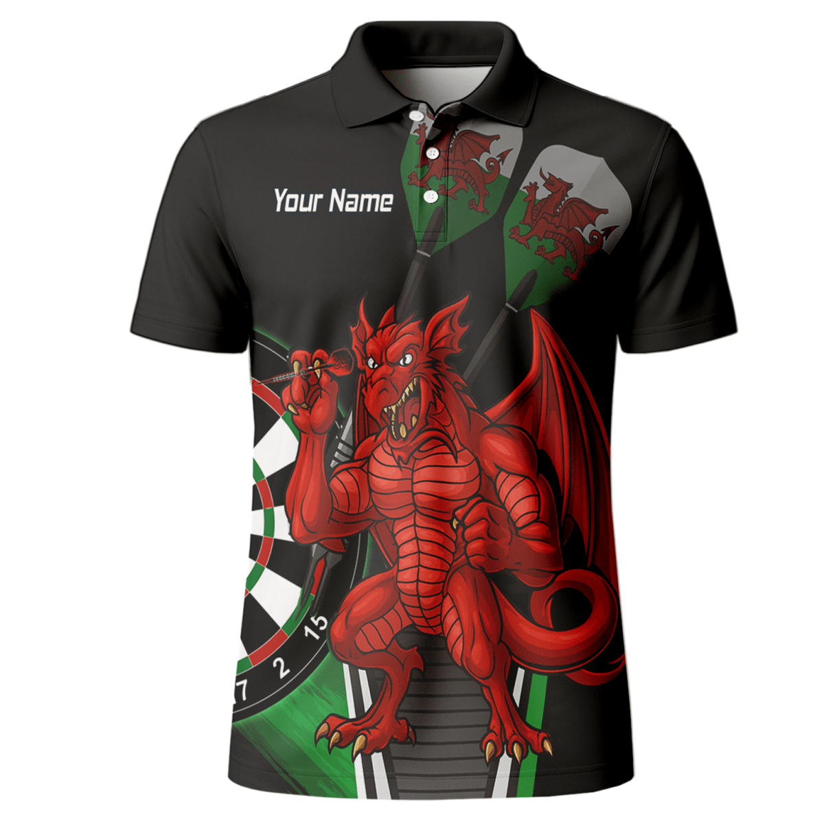 Personalisiertes Herren Darts Polo - Shirt | Walisischer Roter Drache Design | Schwarz Grün N6377 - Outfitsuche