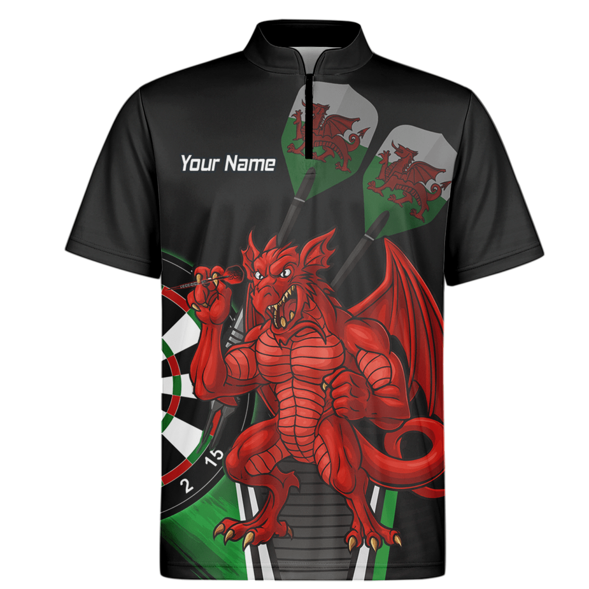Personalisiertes Herren Darts Polo - Shirt | Walisischer Roter Drache Design | Schwarz Grün N6377 - Outfitsuche