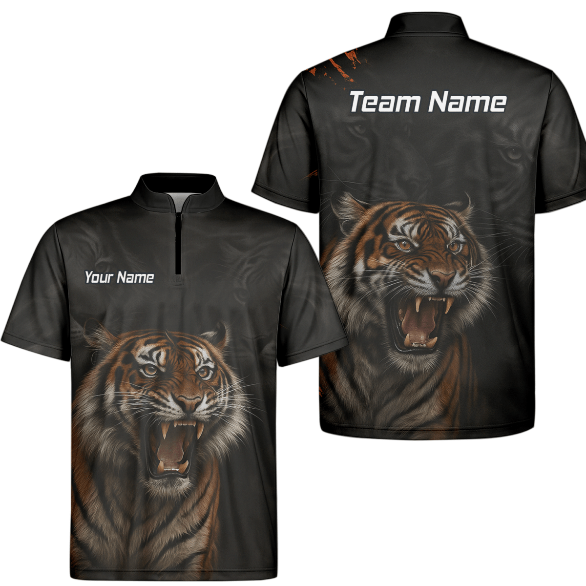 Personalisiertes Herren Darts Polo Trikot Schwarz – Brüllender Tiger Design mit Wunschname C7747 - Outfitsuche