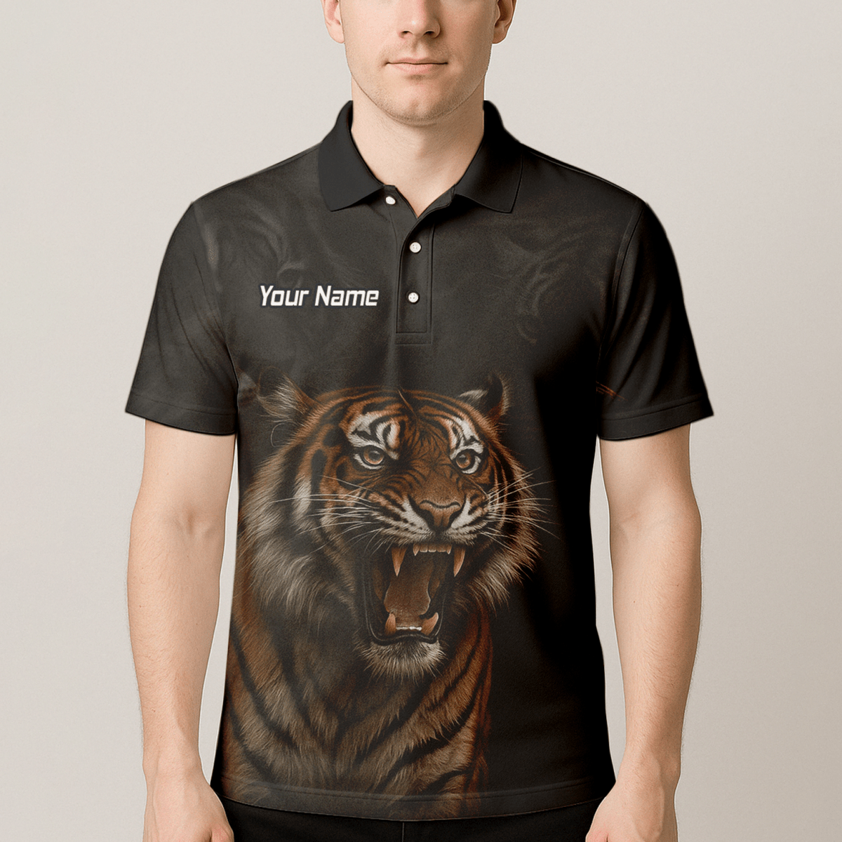 Personalisiertes Herren Darts Polo Trikot Schwarz – Brüllender Tiger Design mit Wunschname C7747 - Outfitsuche