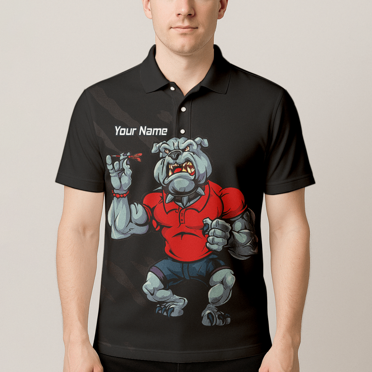Personalisiertes Herren Darts Poloshirt Bulldogge Schwarz Rot K7530 - Outfitsuche