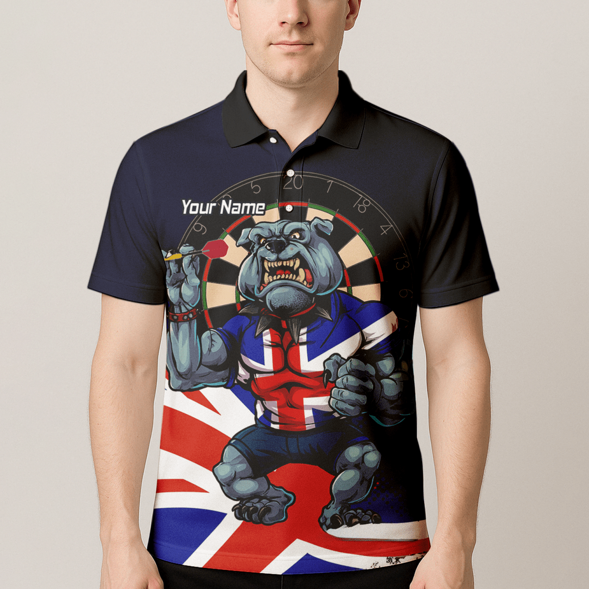 Personalisiertes Herren Darts Poloshirt Marineblau | Britische Bulldogge & Union Jack Motiv L8151 - Outfitsuche