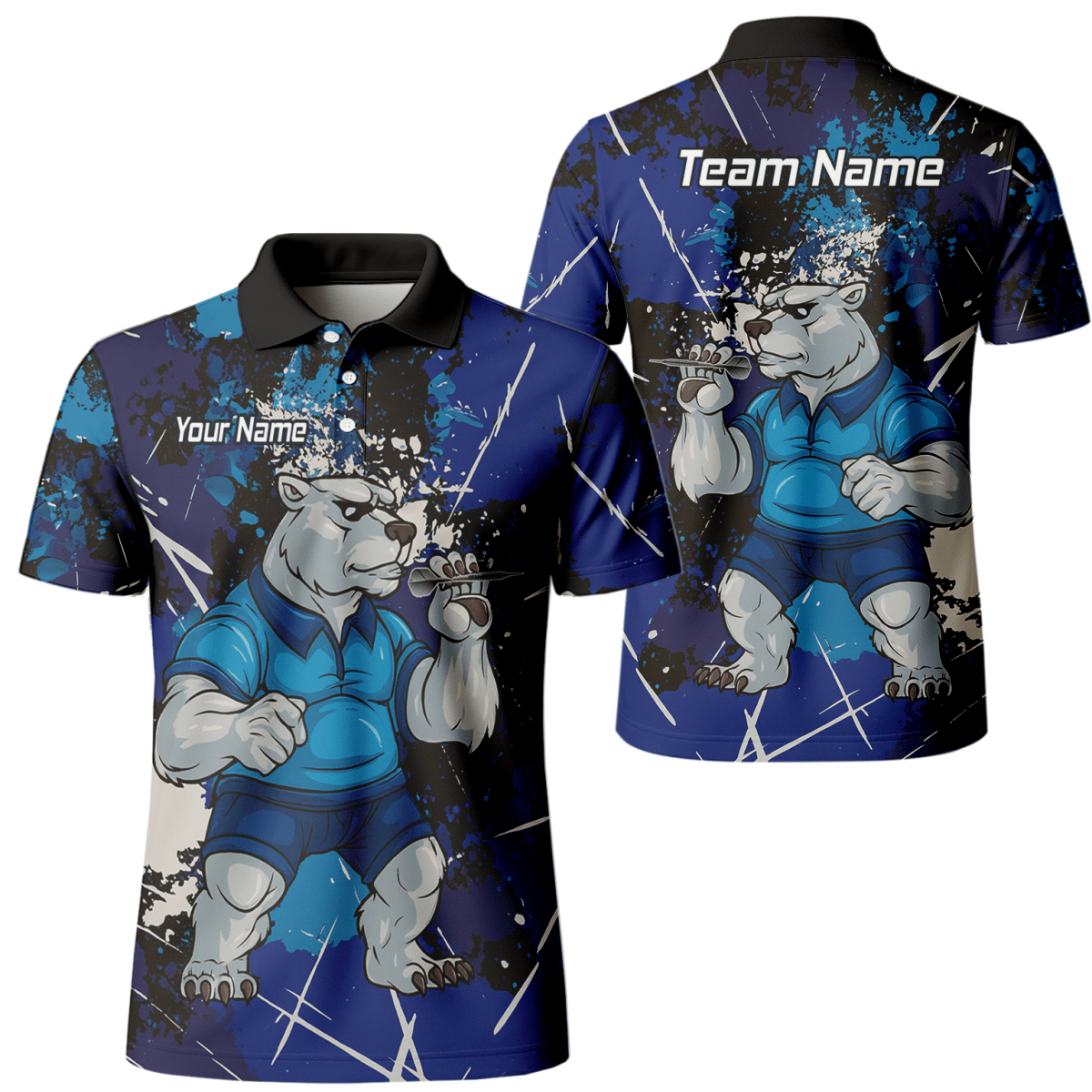 Personalisiertes Herren Darts Poloshirt mit Eisbär Motiv, Blau - Schwarz im Grunge - Stil I4743 - Outfitsuche