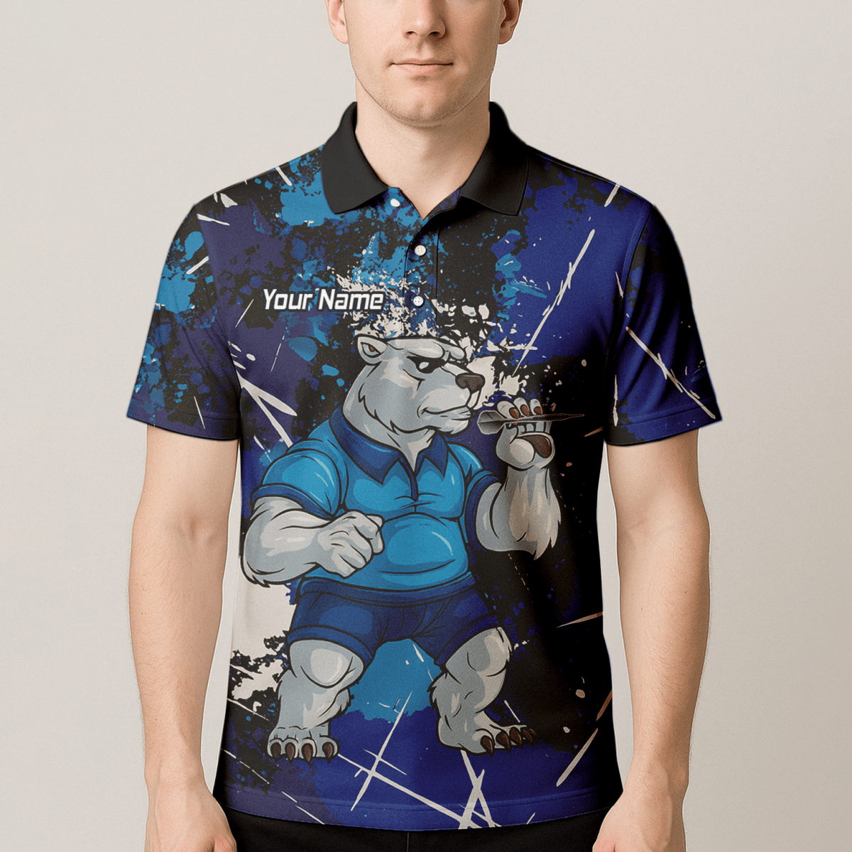 Personalisiertes Herren Darts Poloshirt mit Eisbär Motiv, Blau - Schwarz im Grunge - Stil I4743 - Outfitsuche