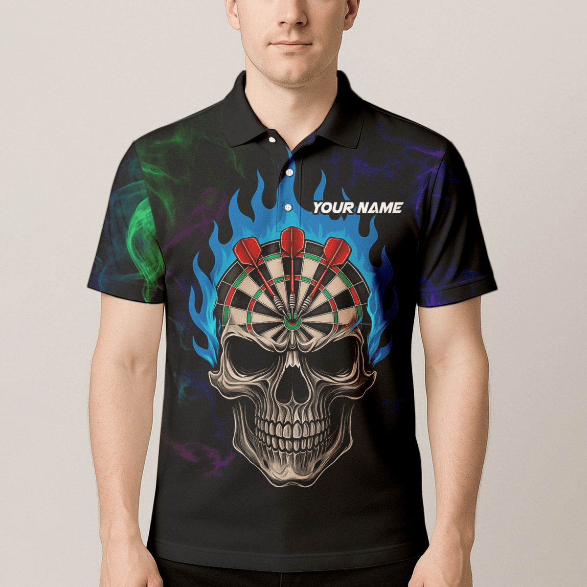 Personalisiertes Herren Darts Poloshirt mit Sensenmann Totenkopf Motiv – Schwarz Lila C8621 - Outfitsuche