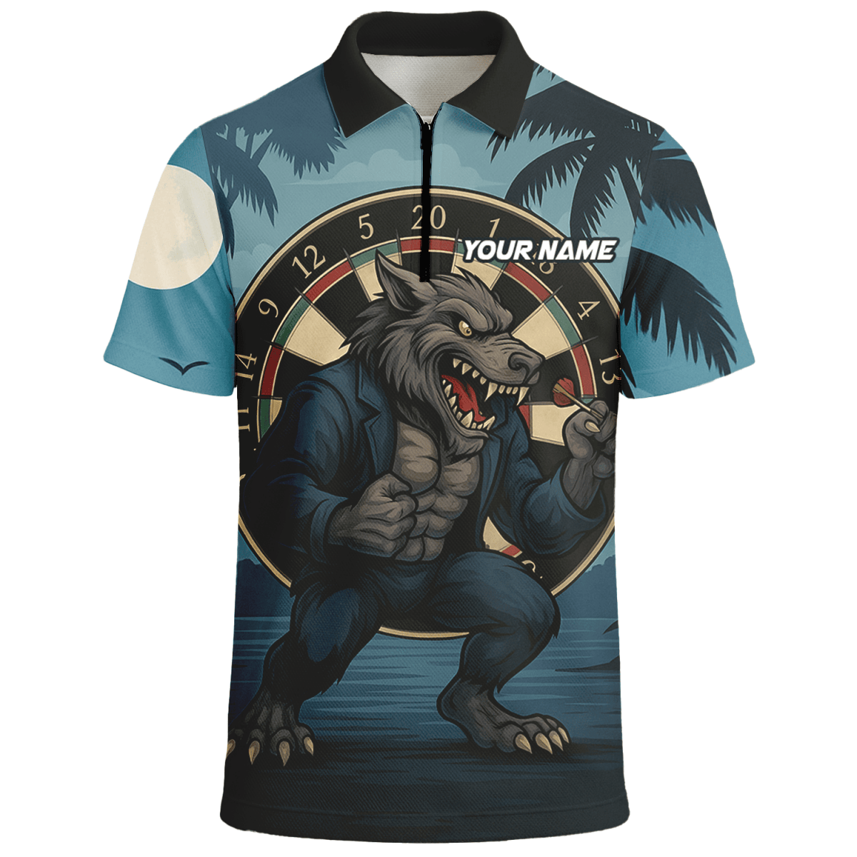 Personalisiertes Herren Darts Poloshirt mit tropischem Flamingo & rotem Hibiskus auf Schwarz V4228 - Outfitsuche