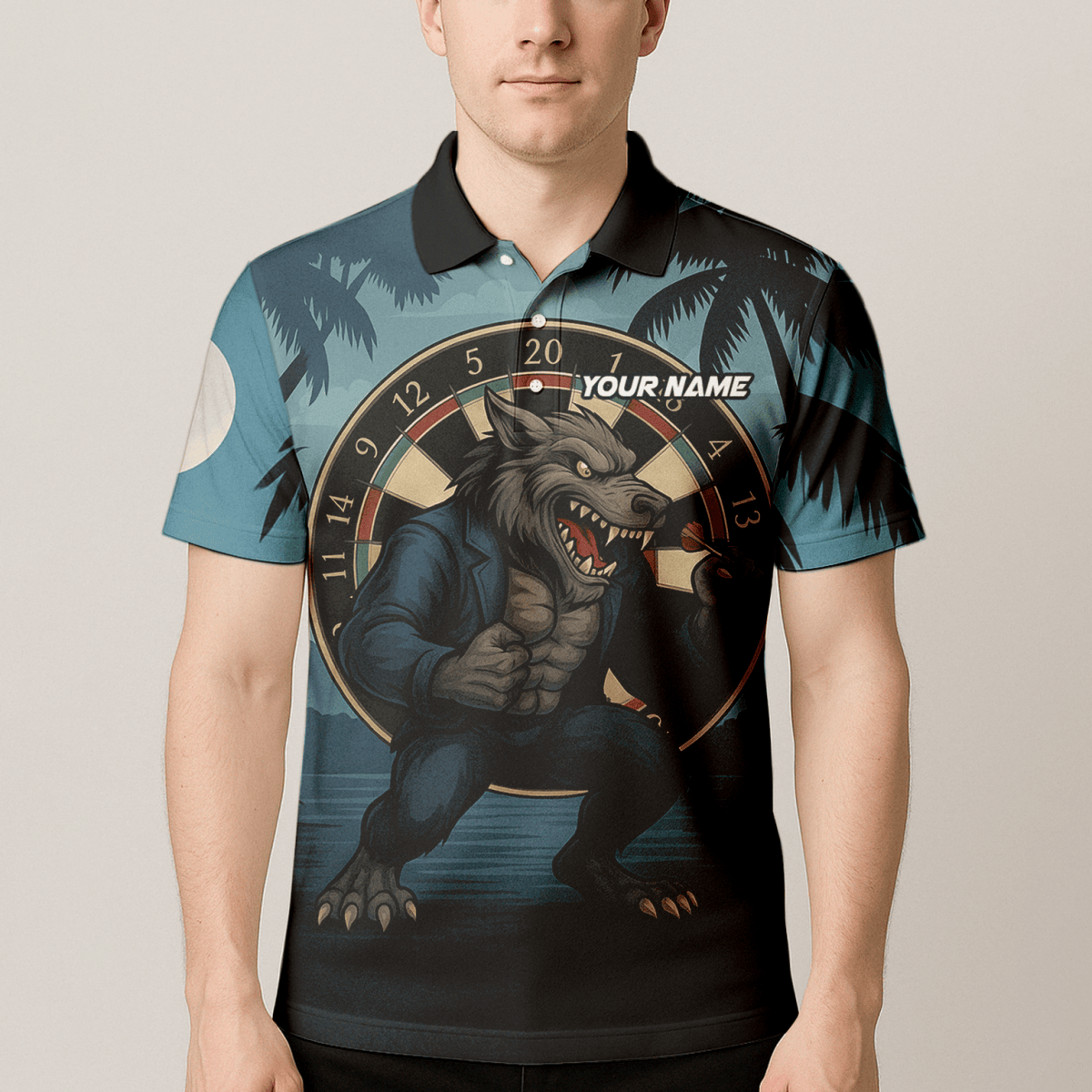 Personalisiertes Herren Darts Poloshirt mit tropischem Flamingo & rotem Hibiskus auf Schwarz V4228 - Outfitsuche