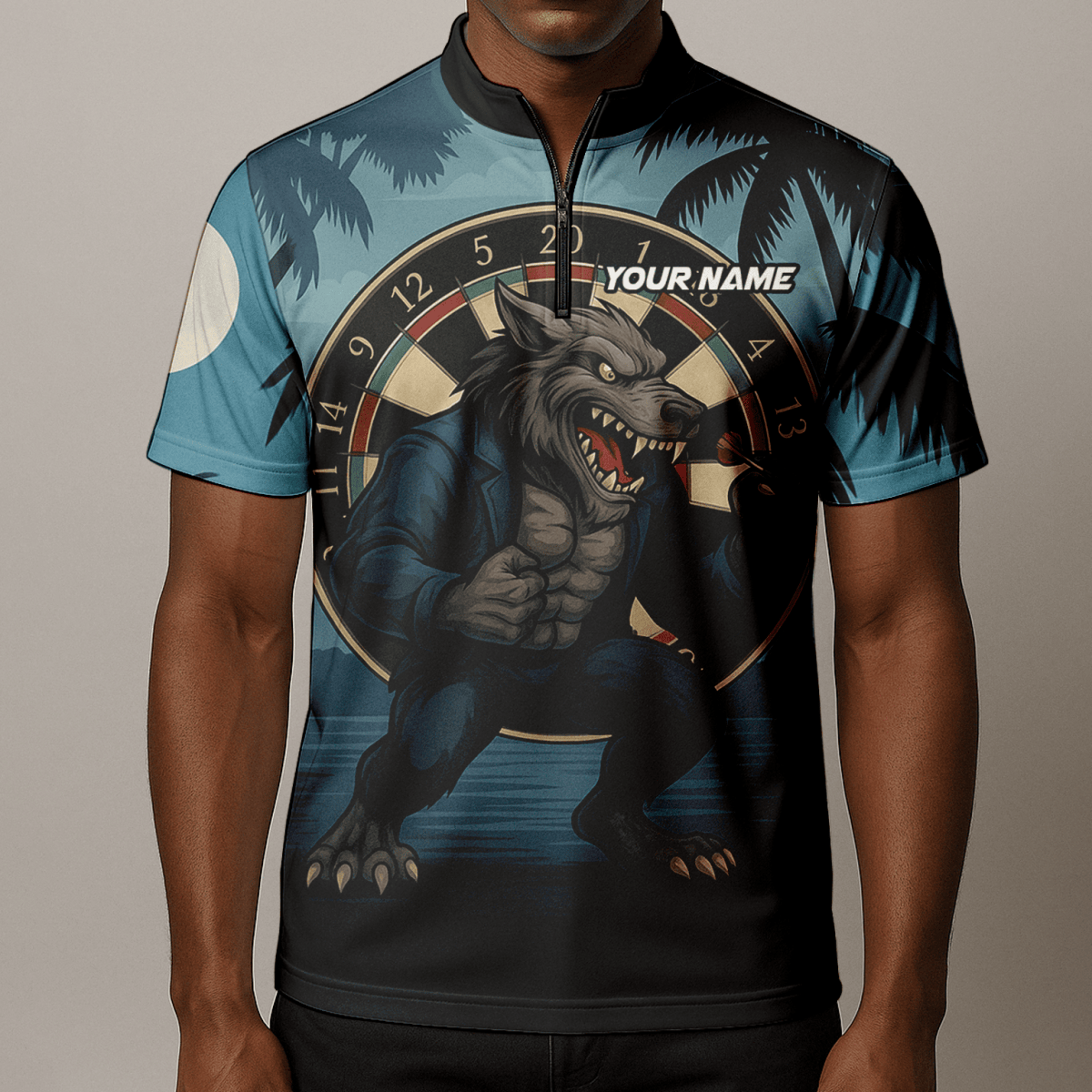 Personalisiertes Herren Darts Poloshirt mit tropischem Flamingo & rotem Hibiskus auf Schwarz V4228 - Outfitsuche