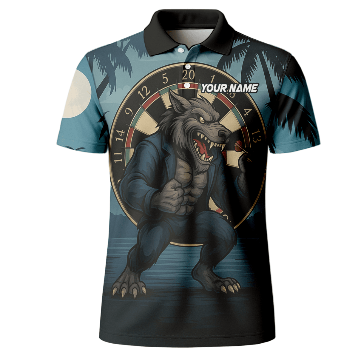 Personalisiertes Herren Darts Poloshirt mit tropischem Flamingo & rotem Hibiskus auf Schwarz V4228 - Outfitsuche