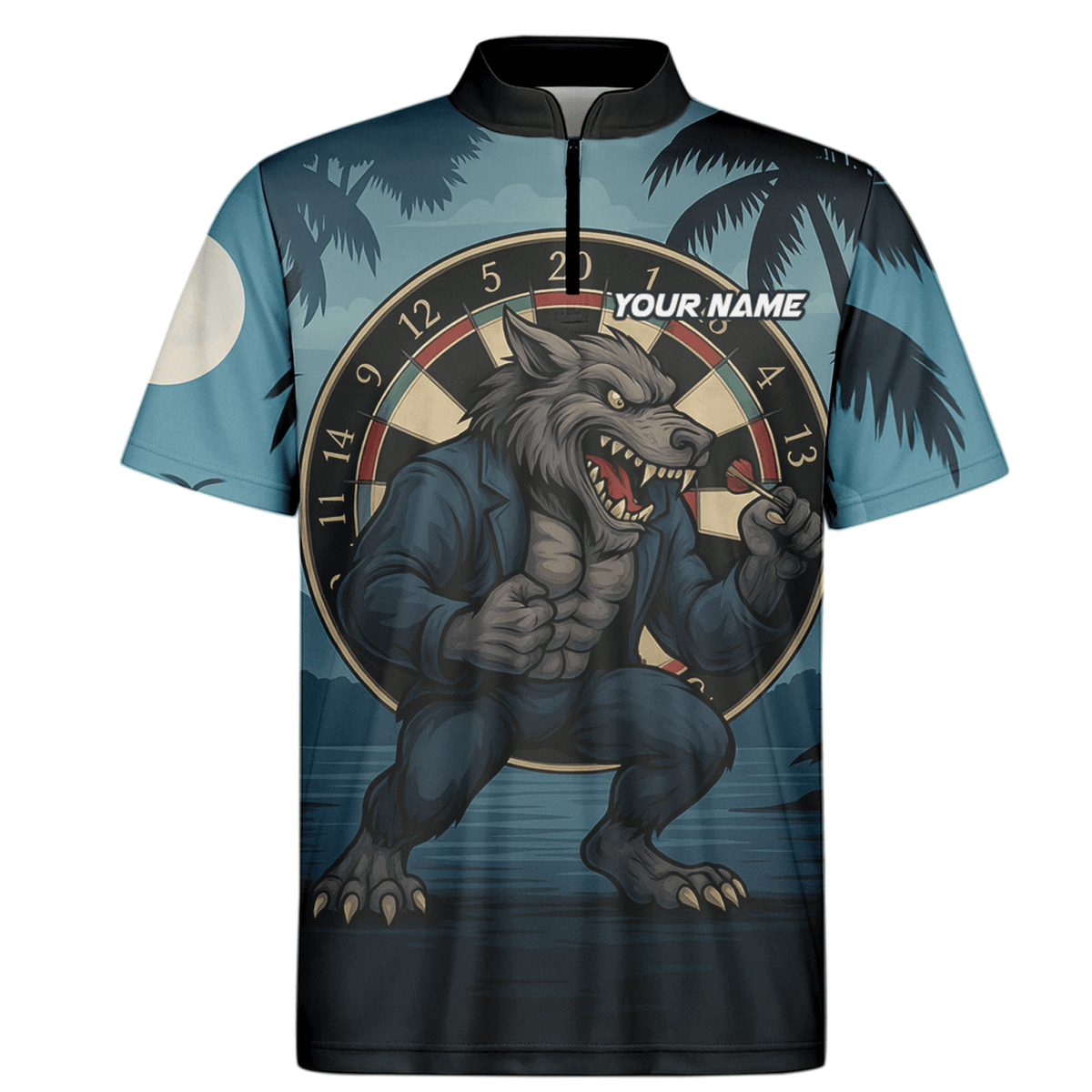 Personalisiertes Herren Darts Poloshirt mit tropischem Flamingo & rotem Hibiskus auf Schwarz V4228 - Outfitsuche