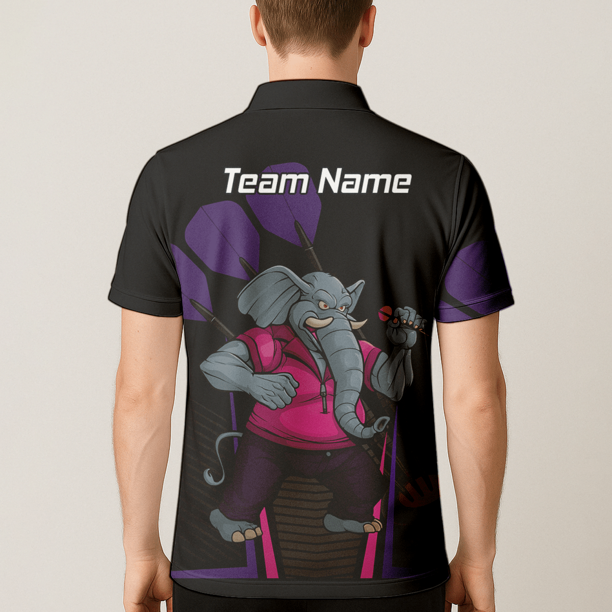 Personalisiertes Herren Darts Poloshirt – Motiv Wütender Elefant – Schwarz Pink Lila V0082 - Outfitsuche