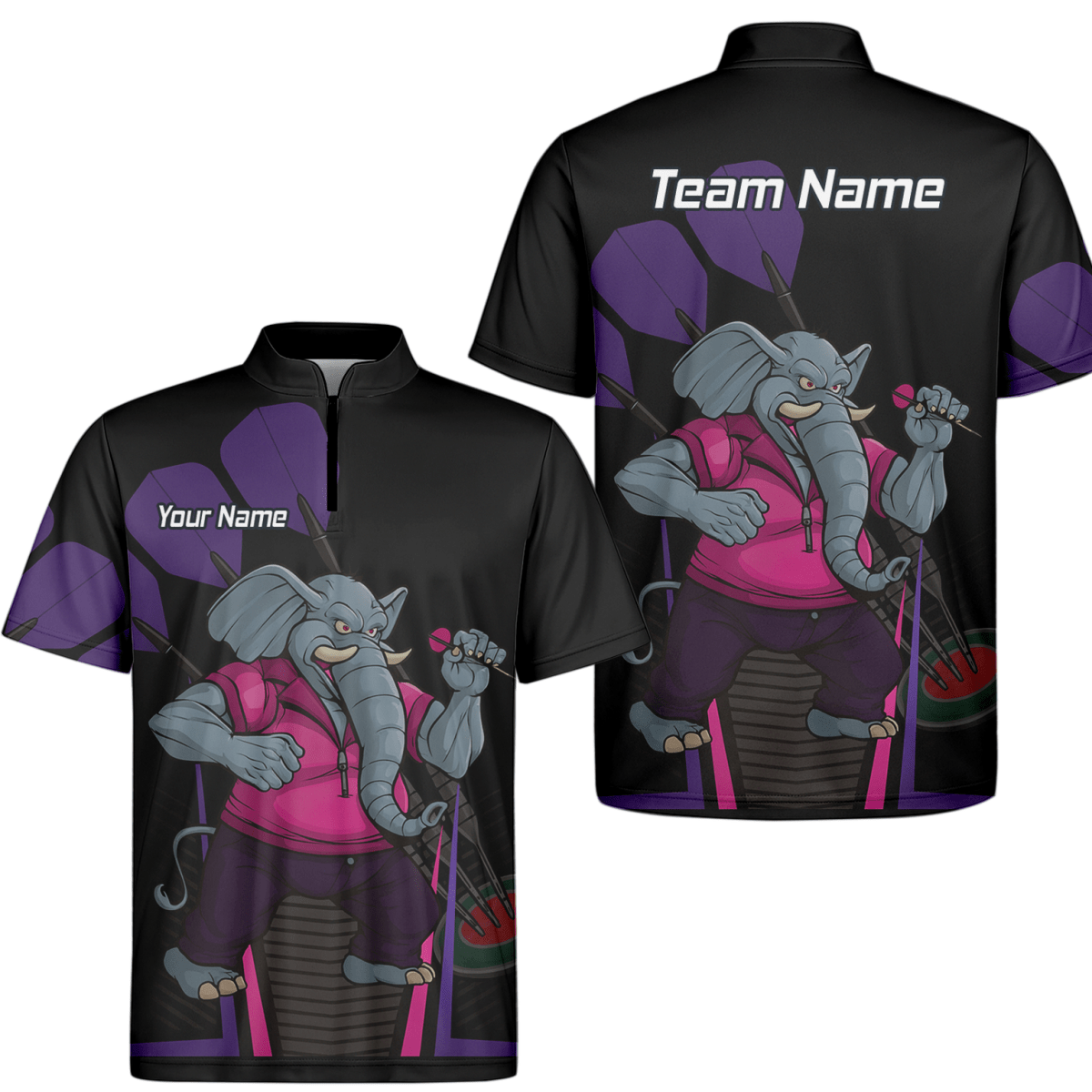 Personalisiertes Herren Darts Poloshirt – Motiv Wütender Elefant – Schwarz Pink Lila V0082 - Outfitsuche
