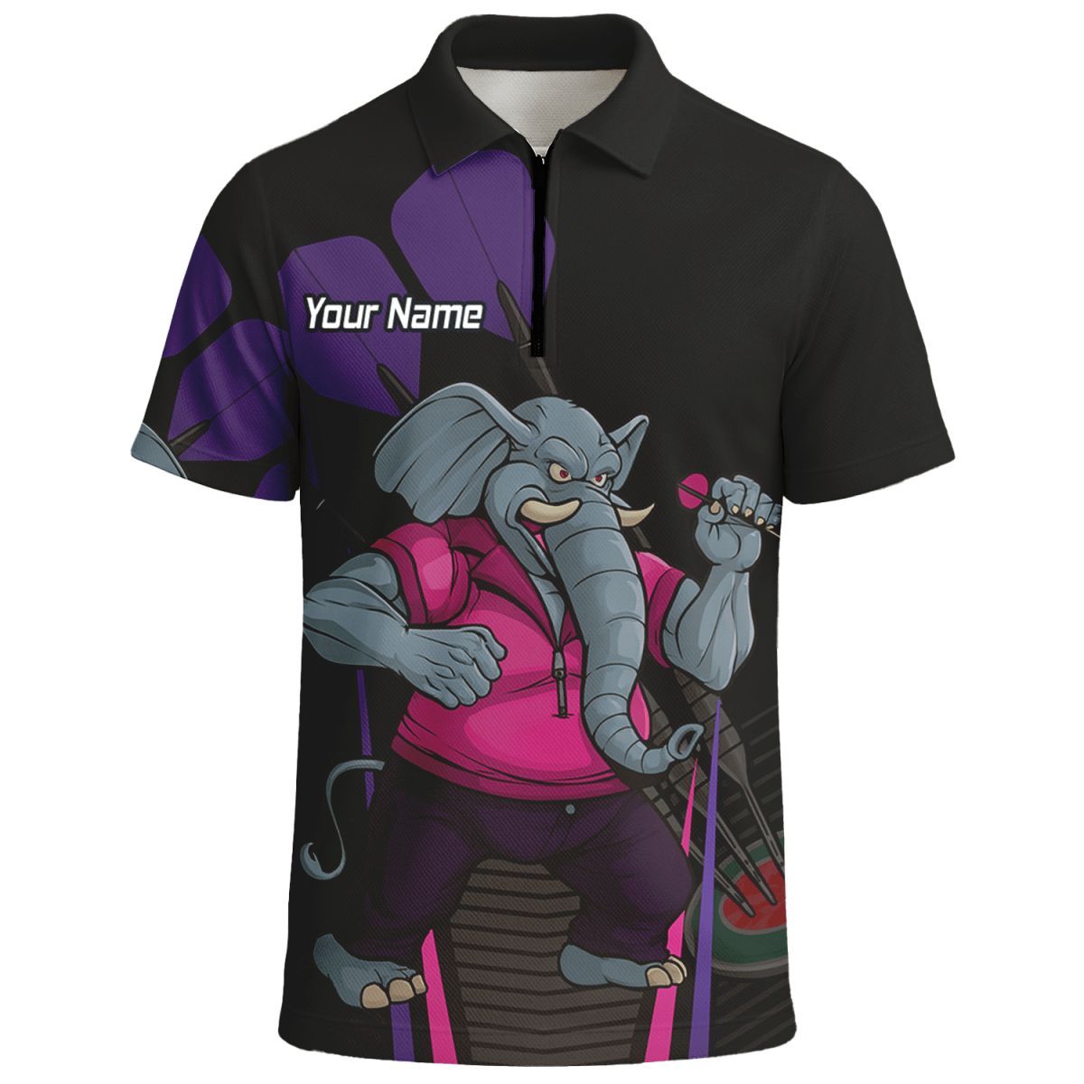 Personalisiertes Herren Darts Poloshirt – Motiv Wütender Elefant – Schwarz Pink Lila V0082 - Outfitsuche