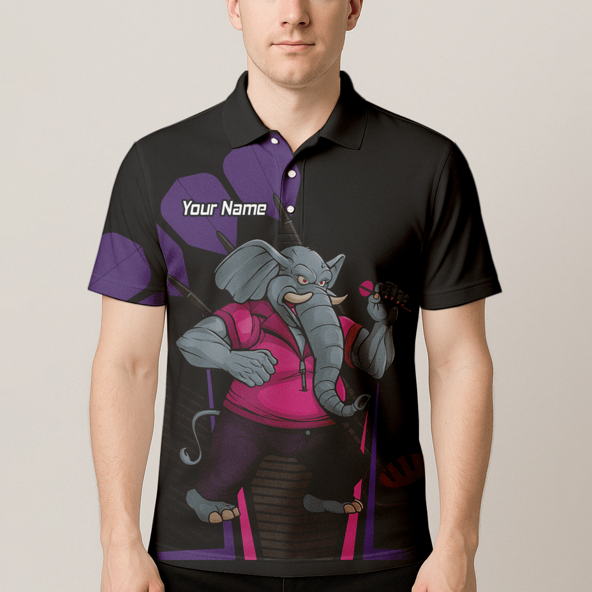 Personalisiertes Herren Darts Poloshirt – Motiv Wütender Elefant – Schwarz Pink Lila V0082 - Outfitsuche