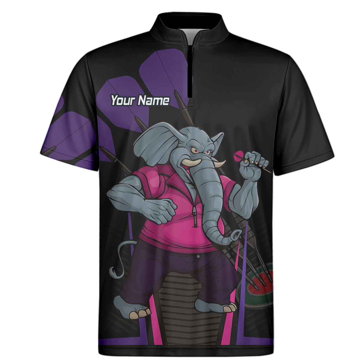 Personalisiertes Herren Darts Poloshirt – Motiv Wütender Elefant – Schwarz Pink Lila V0082 - Outfitsuche