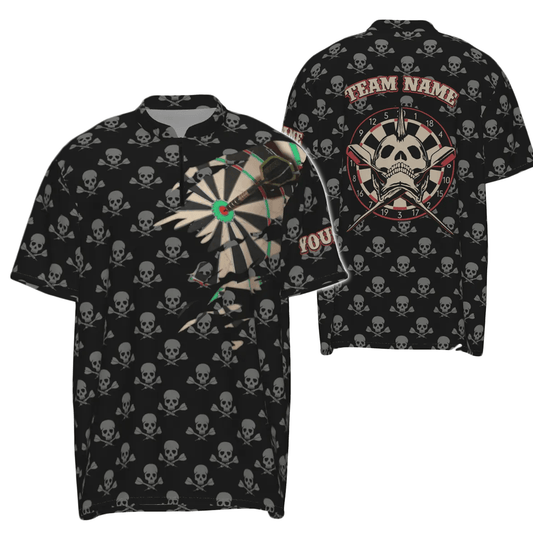 Personalisiertes Herren Darts-Shirt mit Totenkopf-Motiv und gekreuzten Dartpfeilen, gruseliges Dart-Trikot mit 1/4 Zip - H2341 H779 zip - Outfitsuche