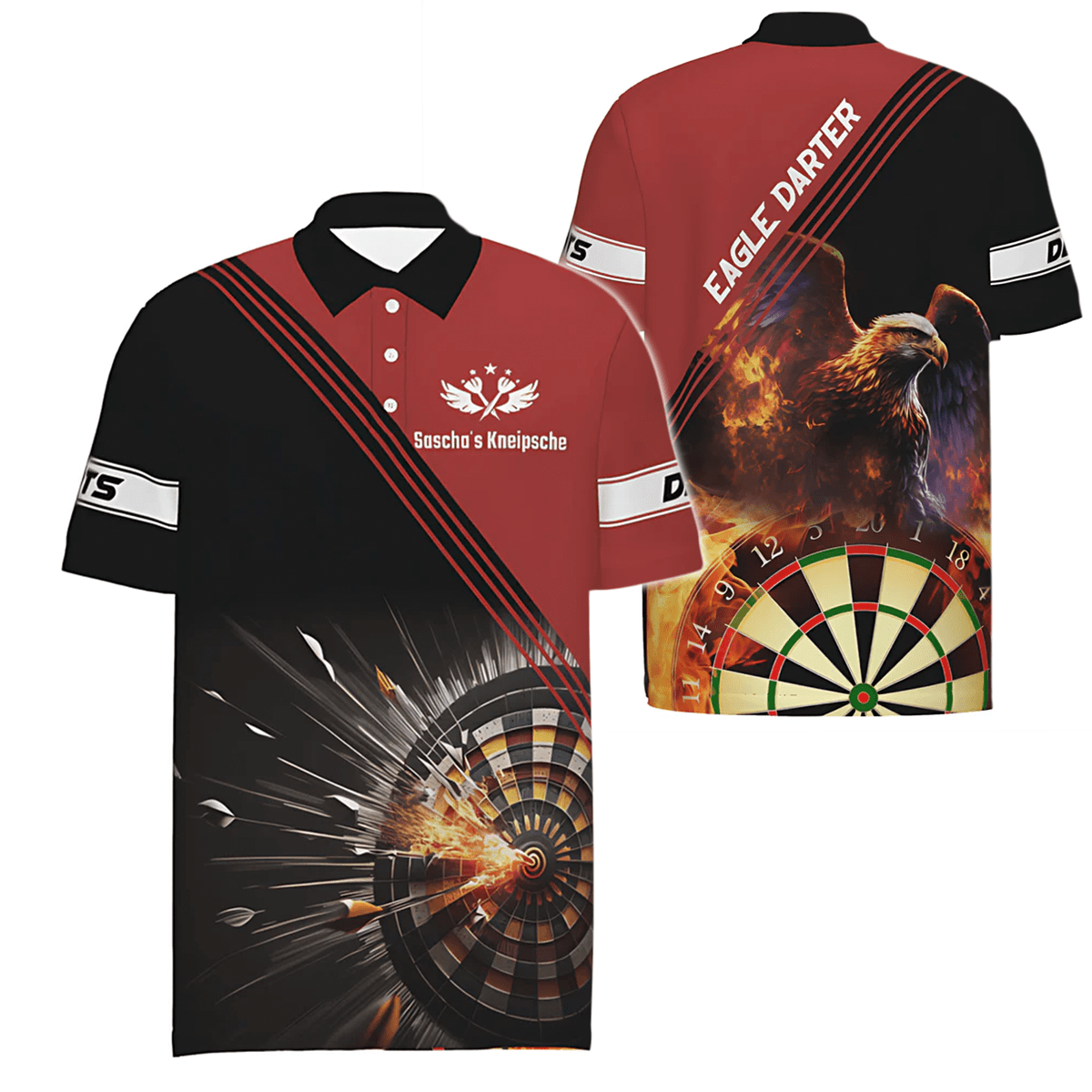 Personalisiertes Herren Polo Shirt Adler mit Dartmotiv in Schwarz und Rot, individuell anpassbares Eagle Dart-Trikot für Männer S2752 - Outfitsuche