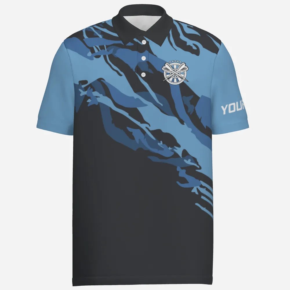 Personalisiertes Herren Polo-Shirt mit blauem Totenkopf-Motiv für Darts, individuell anpassbares Dart-Shirt für Männer, Dart Trikots U315 - Outfitsuche