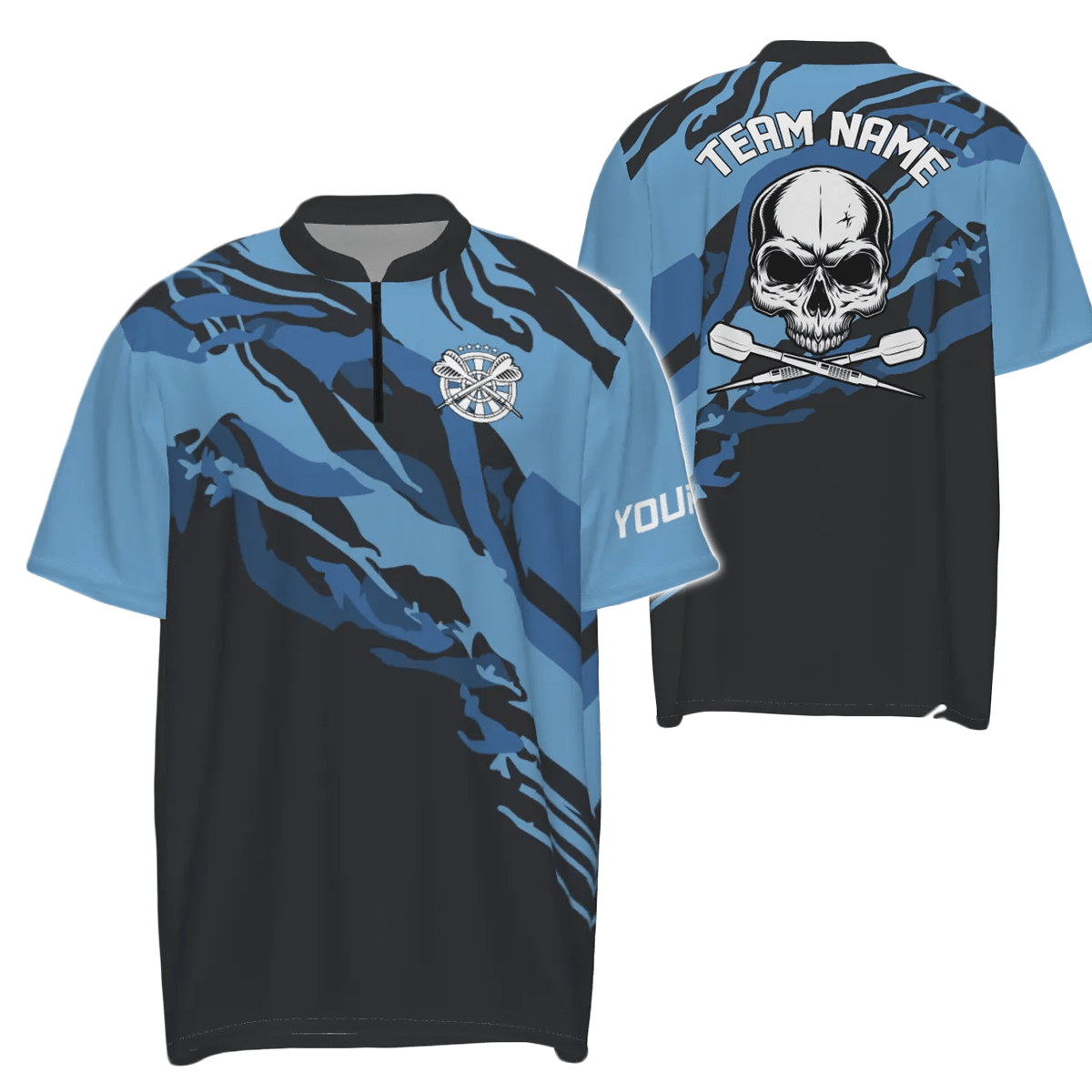 Personalisiertes Herren Polo-Shirt mit blauem Totenkopf-Motiv für Darts, individuell anpassbares Dart-Shirt für Männer, Dart Trikots U315 - Outfitsuche