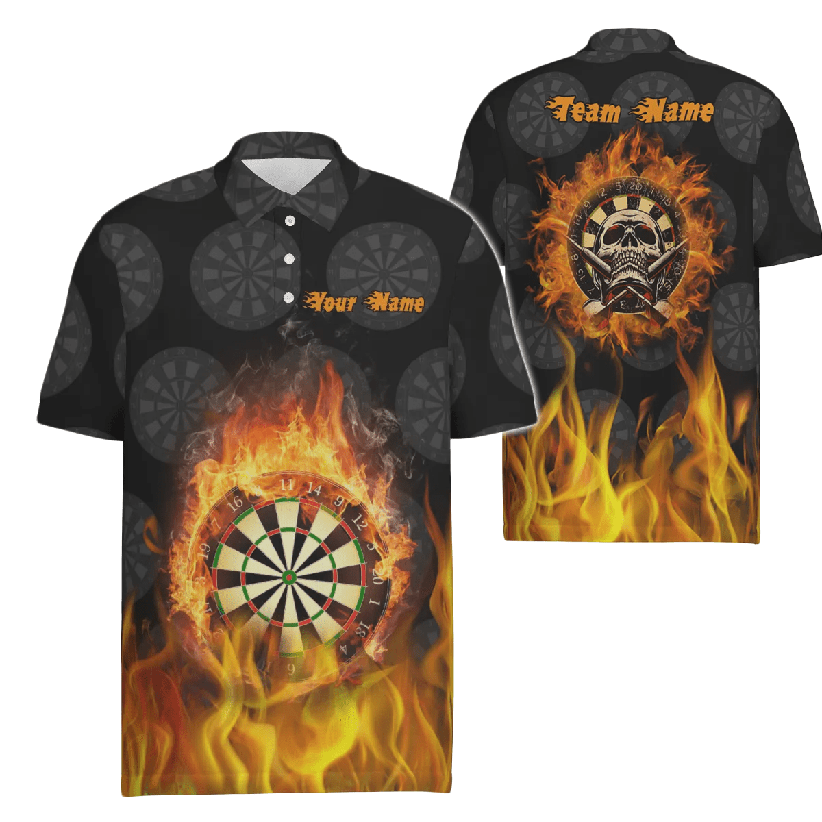 Personalisiertes Herren Polo-Shirt mit Feuerflammen-Schädel, individuell anpassbares gruseliges Dart-Shirt für Männer, coole Dart-Trikots R142 - Outfitsuche