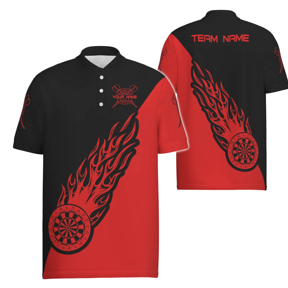 Personalisiertes Herren Polo Shirt mit rotem schwarzen Flammenmotiv, individuell anpassbares Dart-Shirt für Männer, Dart-Trikot K541 - Outfitsuche