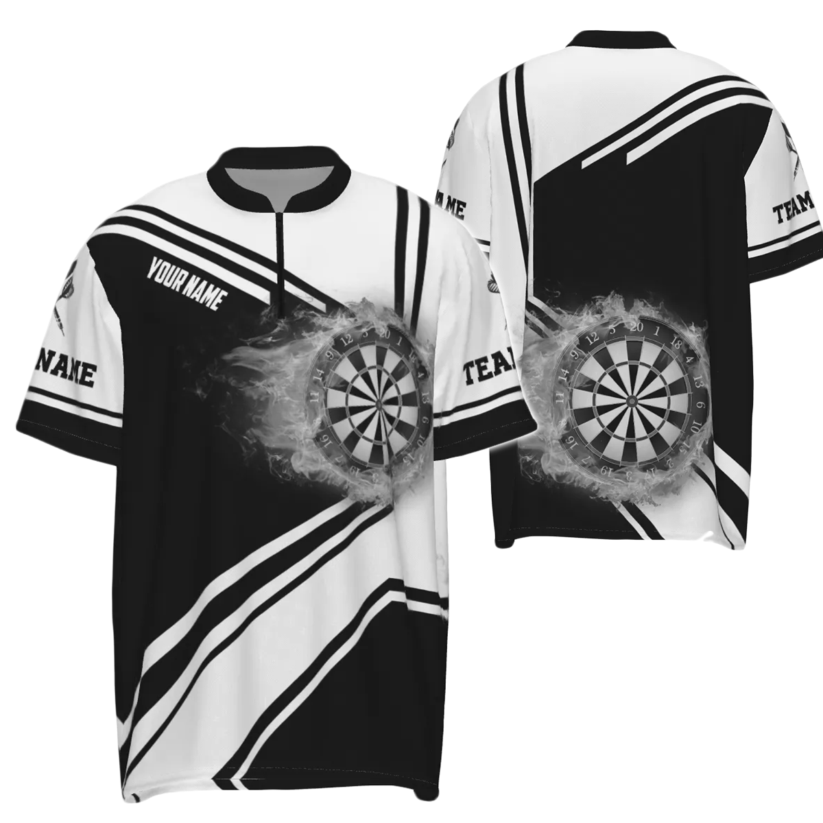 Personalisiertes Herren Polo-Shirt mit schwarz-weißem Feuerflammen-Dartboard, individuell anpassbares Dart-Trikot für Männer H7289 - Outfitsuche