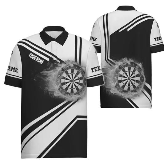 Personalisiertes Herren Polo-Shirt mit schwarz-weißem Feuerflammen-Dartboard, individuell anpassbares Dart-Trikot für Männer H7289 - Outfitsuche