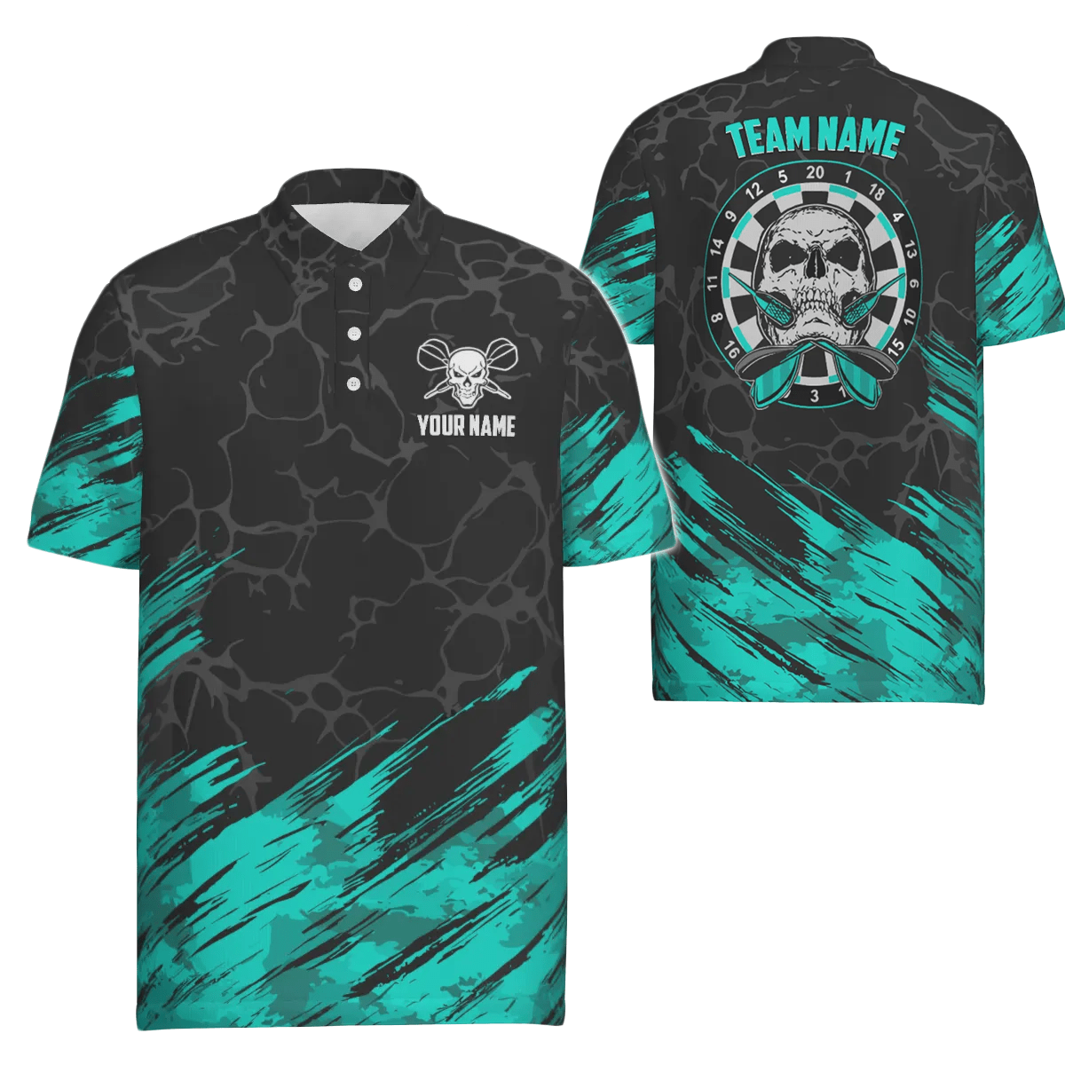 Personalisiertes Herren Polo-Shirt mit Totenkopf-Motiv und Dartmotiven in Türkis und Schwarz, Dart-Trikot für Männer F916 - Outfitsuche