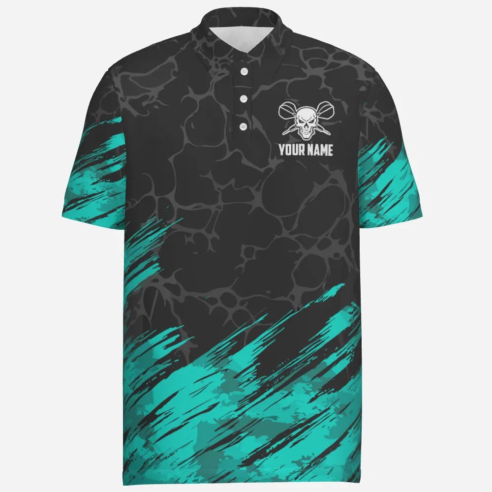 Personalisiertes Herren Polo-Shirt mit Totenkopf-Motiv und Dartmotiven in Türkis und Schwarz, Dart-Trikot für Männer F916 - Outfitsuche