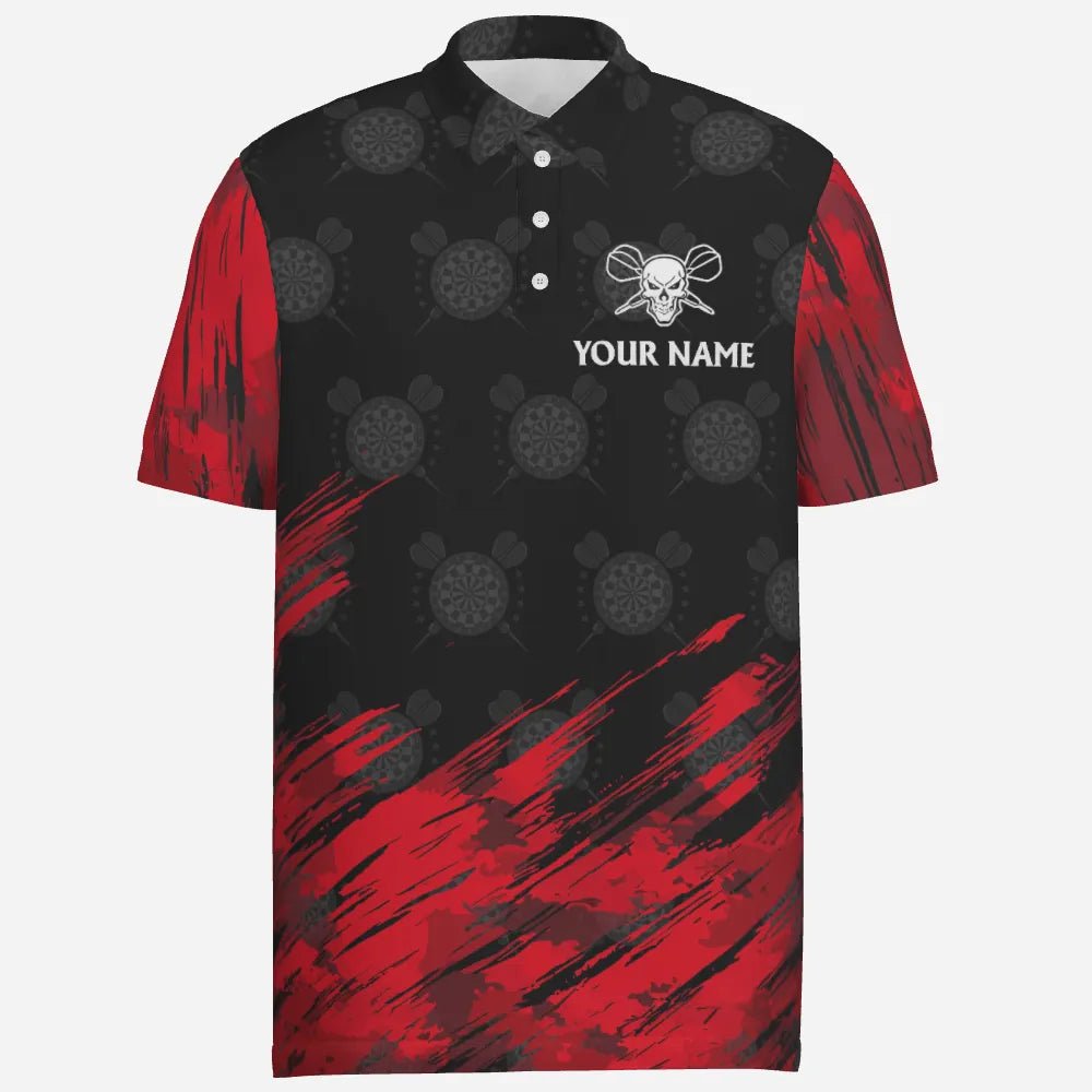 Personalisiertes Herren Polo-Shirt mit Totenkopf-Motiv und Darts, rot-schwarzes Dart-Trikot für Männer R76 - Outfitsuche