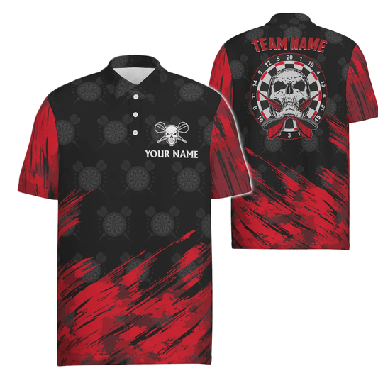 Personalisiertes Herren Polo-Shirt mit Totenkopf-Motiv und Darts, rot-schwarzes Dart-Trikot für Männer R76 - Outfitsuche