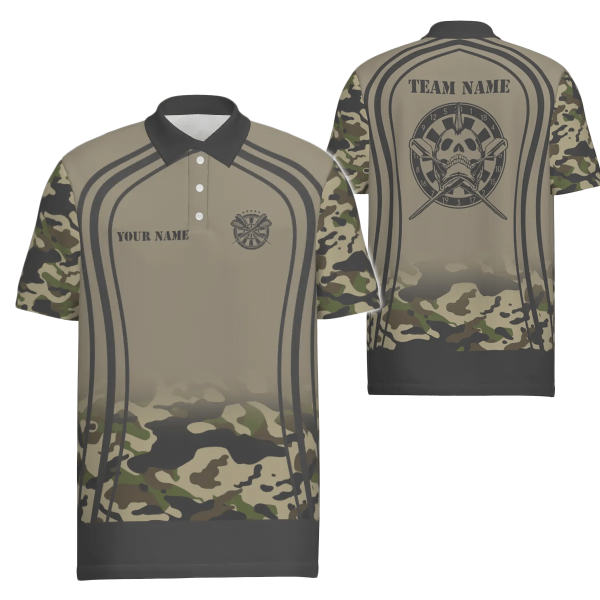 Personalisiertes Herren Polo-Shirt mit Totenkopf- und Sensenmann-Motiv, individuell anpassbares Tarnmuster Darts-Shirt für Männer U238 - Outfitsuche