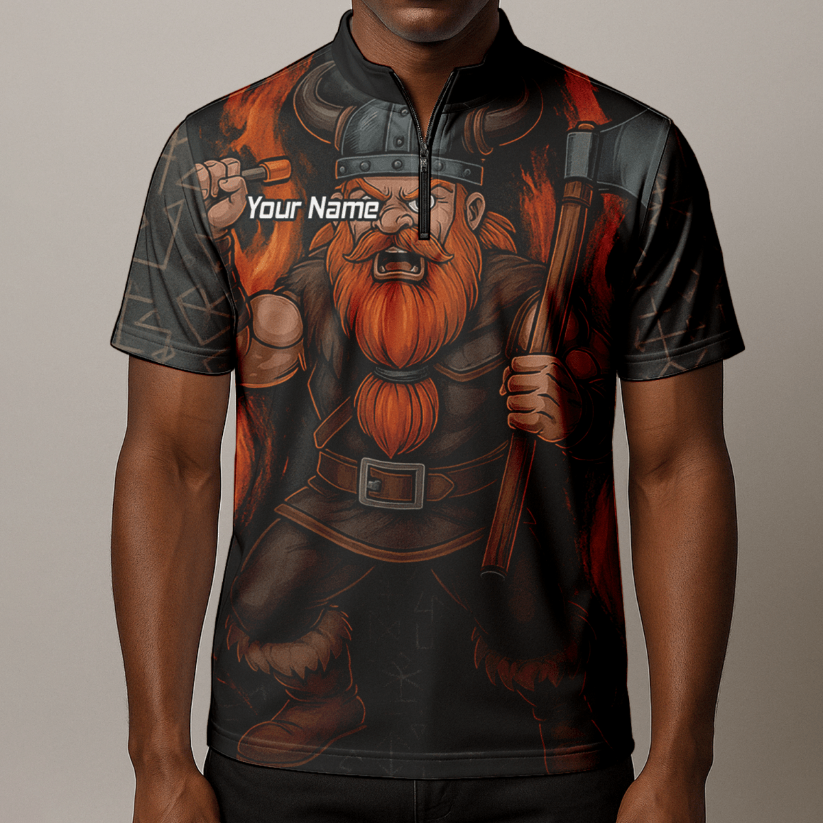 Personalisiertes Herren Polo - Shirt Wikinger Axt Motiv – Feuer Design, Schwarz Rot O0632 - Outfitsuche