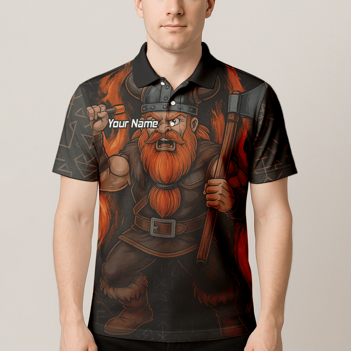 Personalisiertes Herren Polo - Shirt Wikinger Axt Motiv – Feuer Design, Schwarz Rot O0632 - Outfitsuche