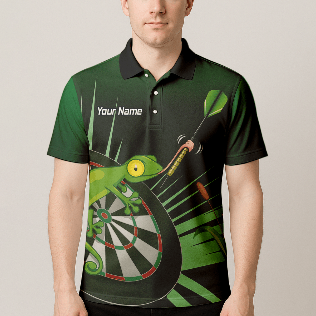 Personalisiertes Herren Poloshirt Darts Gecko Design Grün - Schwarz M5488 - Outfitsuche