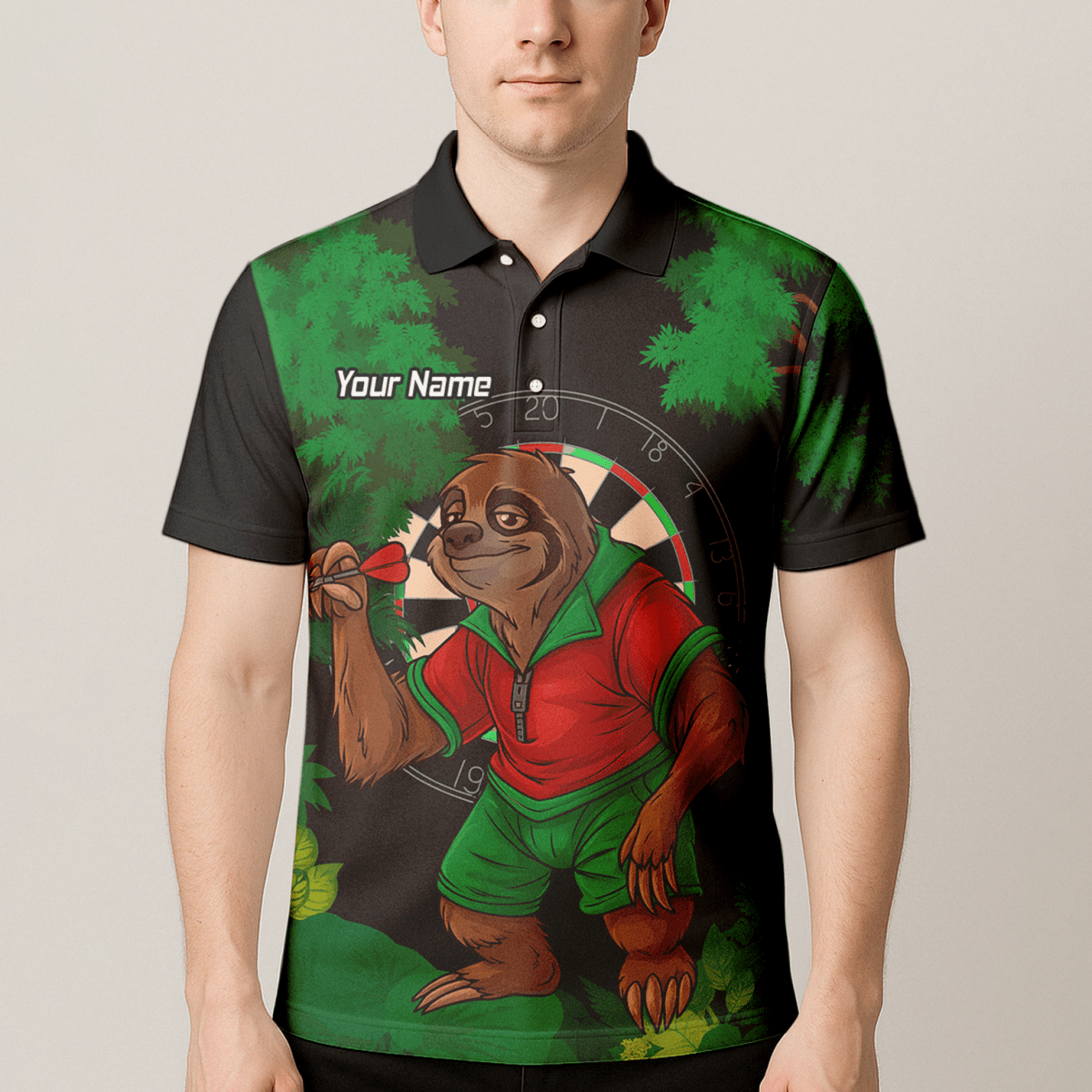 Personalisiertes Herren Poloshirt – Faultier Dschungel Darts Motiv, Schwarz Grün Rot K9408 - Outfitsuche