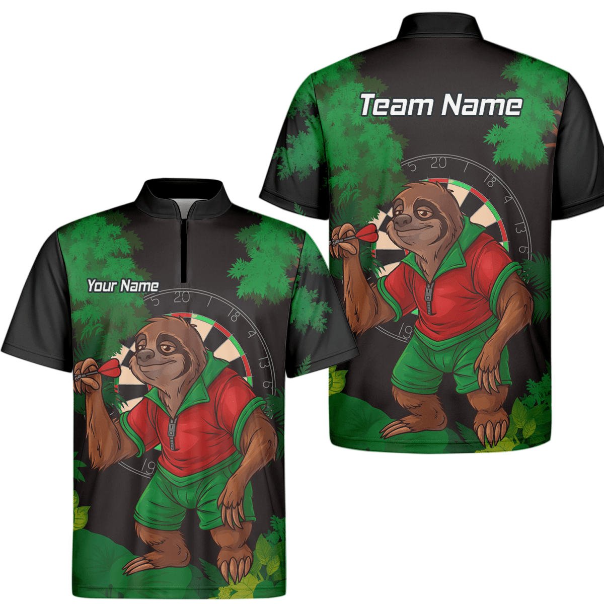 Personalisiertes Herren Poloshirt – Faultier Dschungel Darts Motiv, Schwarz Grün Rot K9408 - Outfitsuche