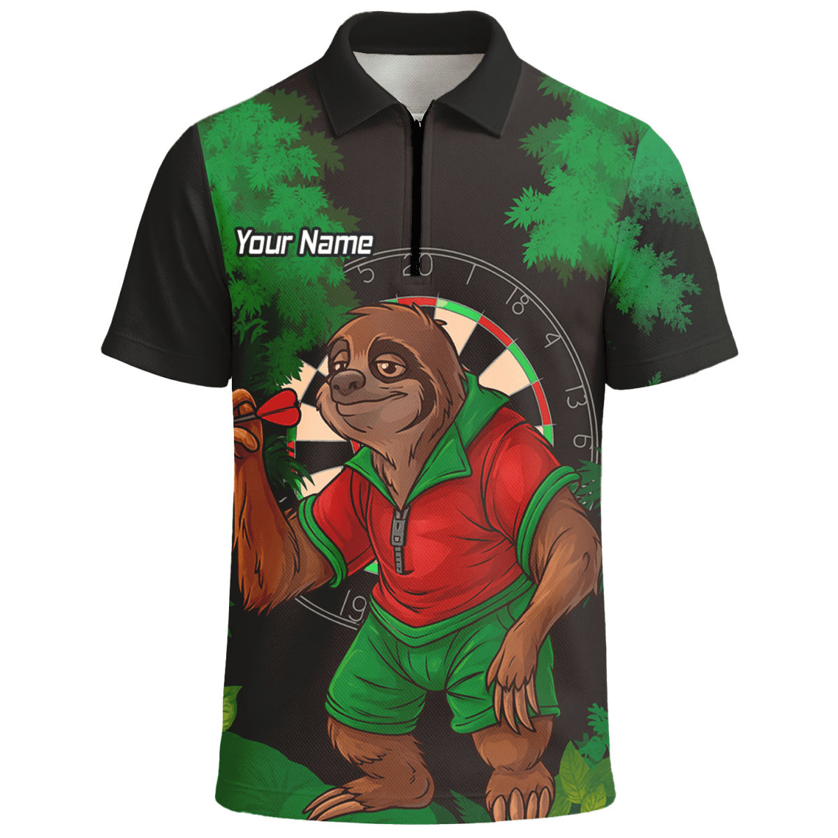 Personalisiertes Herren Poloshirt – Faultier Dschungel Darts Motiv, Schwarz Grün Rot K9408 - Outfitsuche