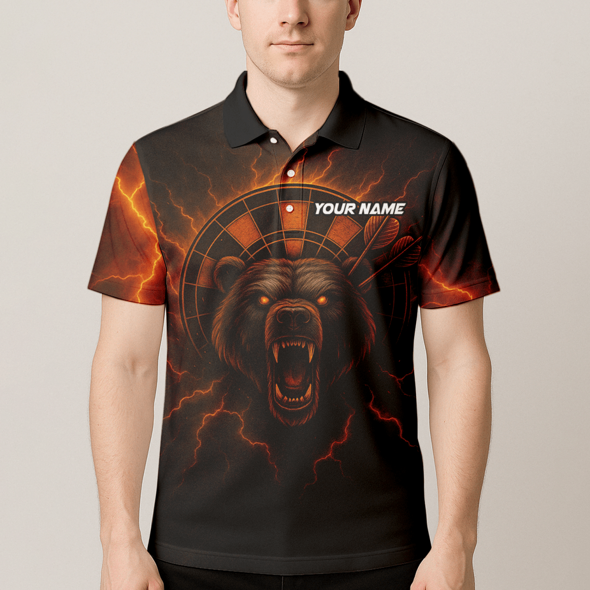 Personalisiertes Herren Poloshirt "Feuriger Bär Blitzpfeil" Schwarz Rot Orange R3672 - Outfitsuche